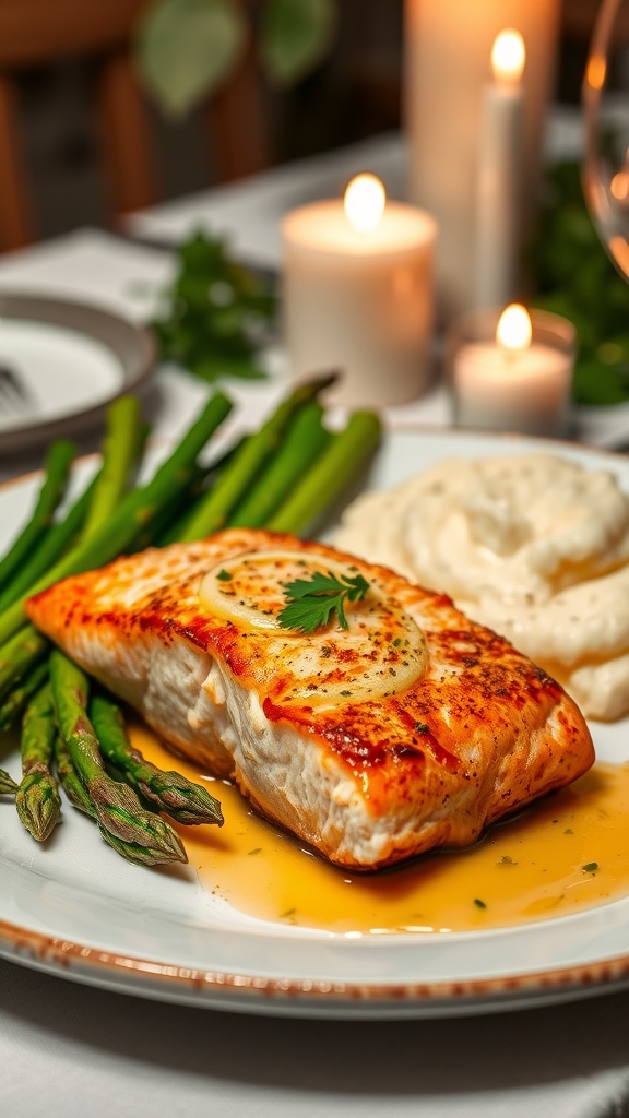 Pan-seared salmon with asparagus and mashed potatoes, garnished with parsley, on a romantic dinner table.